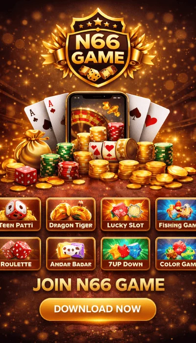 N66 Game casino promotion banner with gold coins, playing cards, chips, and download button