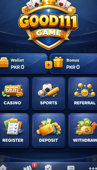 Good111 Game mobile dashboard showing wallet balance, bonus section, and menu options like Casino, Sports, Referral, Register, Deposit, and Withdraw.