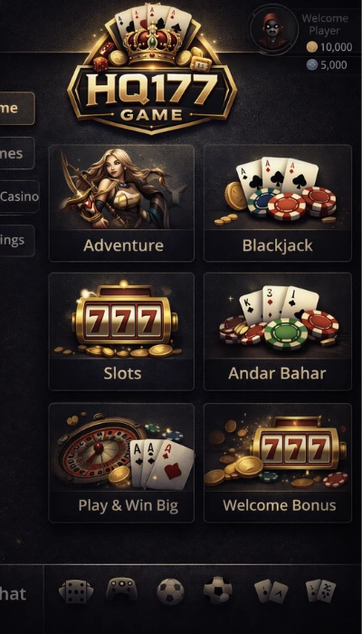 HQ177 Game dashboard showing adventure blackjack slots andar bahar play and win big games