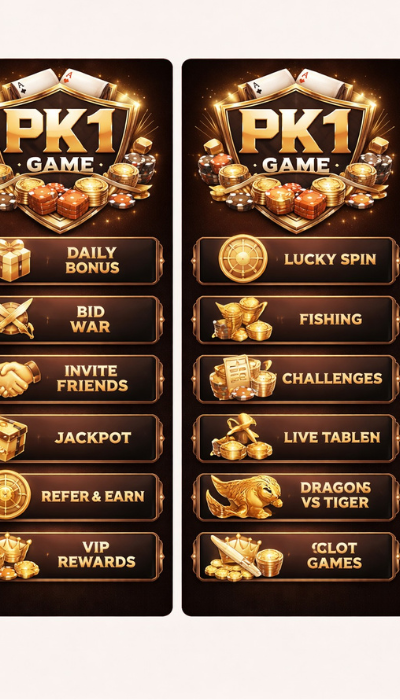 PK1 Game dashboard showing daily bonus, lucky spin, fishing games, jackpot, and live table options in casino gaming app