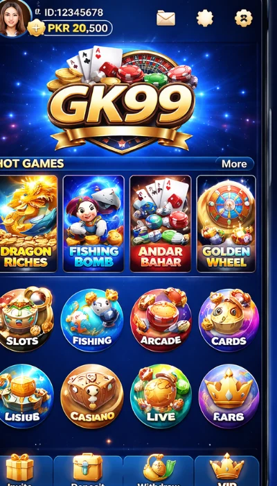 GK99 game mobile dashboard showing hot games like Dragon Riches, Fishing Bomb, Andar Bahar, Golden Wheel and categories such as slots, fishing, arcade, and cards