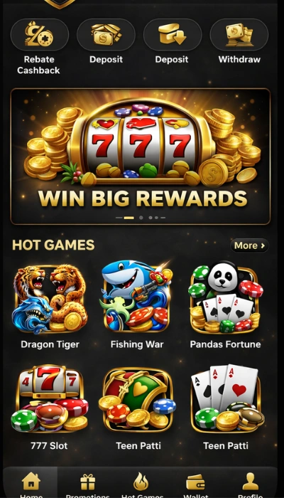 A mobile casino game app screen showing slot machine “777” with coins and the text “WIN BIG REWARDS,” along with several game options like Dragon Tiger, Fishing War, Pandas Fortune, 777 Slot, and Teen Patti.