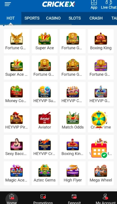 CRICKEX app dashboard showing multiple game icons like Super Ace, Aviator, Fortune Gems, and Match Odds with navigation menu and bottom options for home, deposit, and account