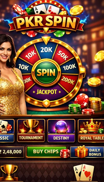 PKRSpin casino game dashboard with colorful spin wheel, jackpot button, poker chips, and buy chips option